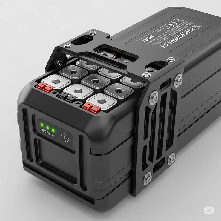 Detail of a high-capacity battery pack for a 750 watt ebike, highlighting its sleek integration and providing extended range for electric bike enthusiasts.