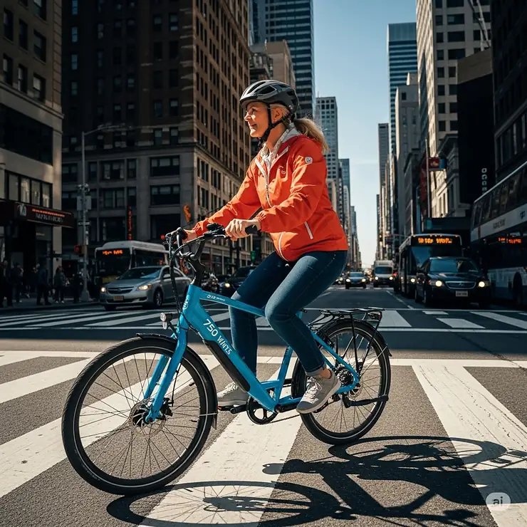An urban commuter riding a 750 watt ebike through city streets, illustrating its practical use for daily commutes and efficient transportation.