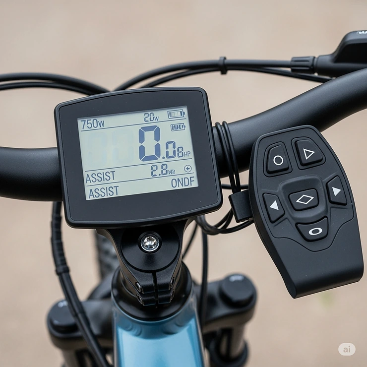 Detailed view of the digital display and controller on a 750 watt ebike, showing speed, battery level, and pedal assist settings for an optimized riding experience.