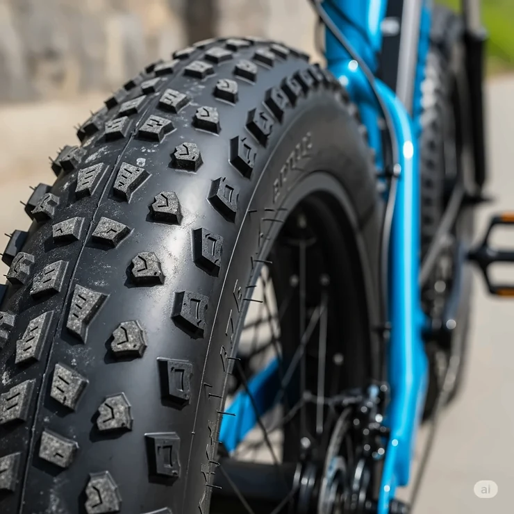 Close-up of the rugged fat tires on a 750 watt ebike, emphasizing their stability and grip for various terrains, from snow to sand.