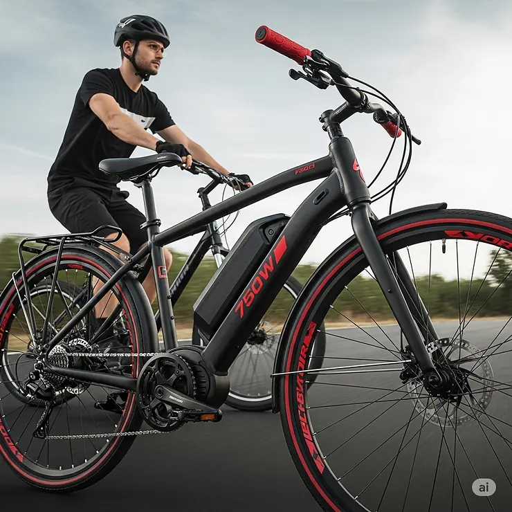 High-performance 750 watt ebike designed for all-terrain adventures and powerful electric assist. This electric bicycle features a robust frame, long-range battery, and efficient motor, perfect for commuting or off-road trails.