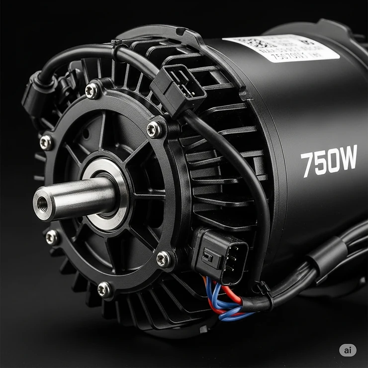 Close-up view of a powerful 750 watt ebike motor, showcasing its integrated design and efficient power delivery for enhanced riding performance.