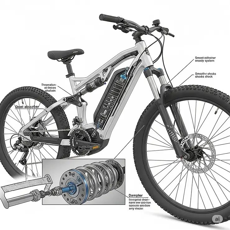 Illustration of the advanced front suspension system on a 750 watt ebike, designed to absorb shocks and provide a smooth, comfortable ride on uneven surfaces.