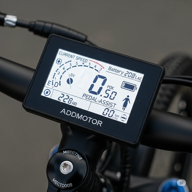 Clear LCD display on an Addmotor e-bike, showing speed, battery life, and pedal assist levels.
