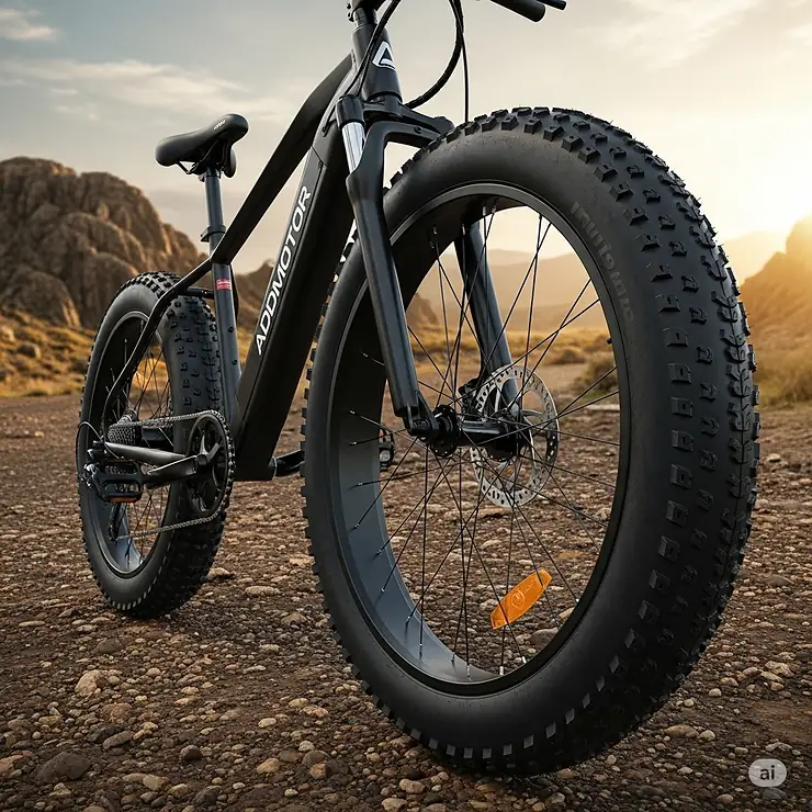 Durable fat tires on an Addmotor e-bike, offering superior traction and stability for off-road trails.