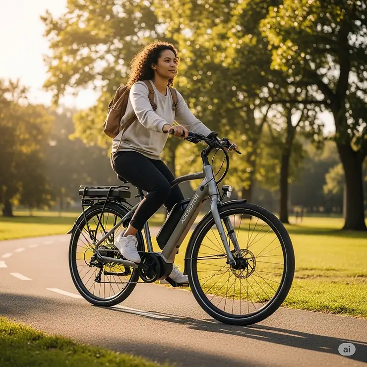 Addmotor electric bike with a rider on a scenic path, showcasing its design and functionality for commuters and adventurers.