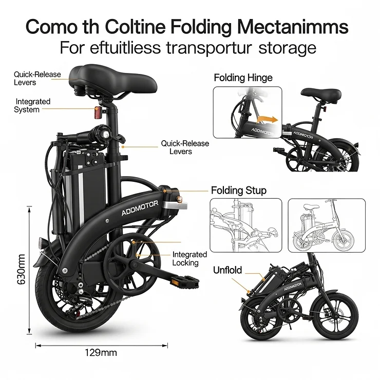 Compact folding mechanism of an Addmotor e-bike, ideal for easy transport and storage.