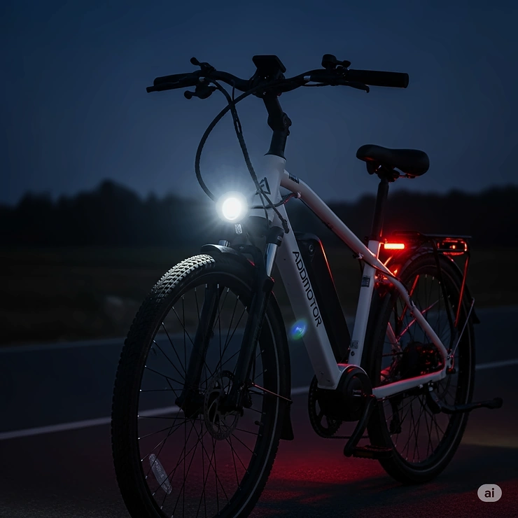 Integrated LED headlight and taillight system on an Addmotor e-bike for improved visibility and safety.