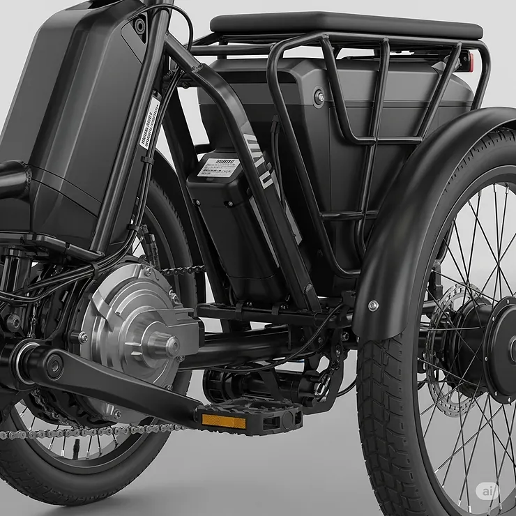 Close-up view of the powerful electric motor and long-range battery pack integrated into an adults 3 wheel electric bicycle, highlighting its efficient performance.