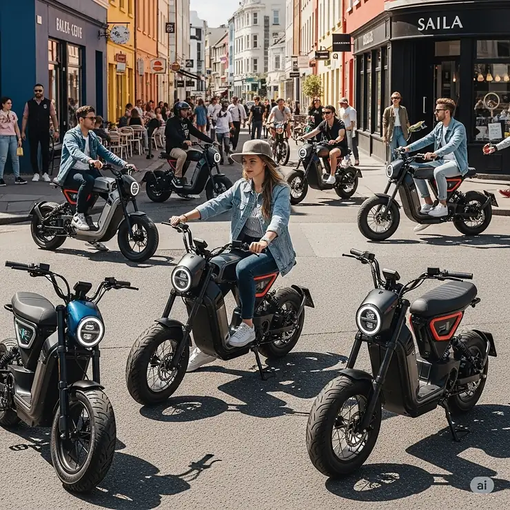 A diverse lineup of popular moped-style e-bikes from various top brands, showcasing their unique designs and features, highlighting the best moped style e-bike brands available.