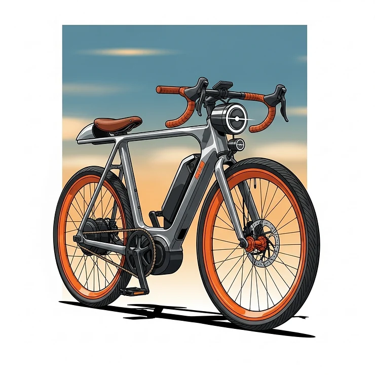 Illustration of a stylish electric bike with clip-on handlebars and a tucked-in riding position, capturing the minimalist aesthetic of a cafe racer motorcycle.