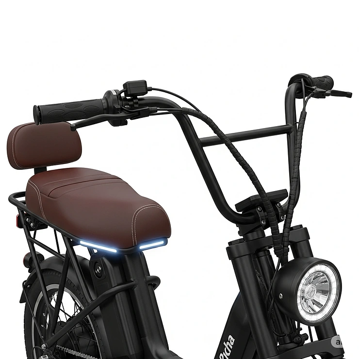 A detailed image highlighting the plush saddle and ergonomic handlebars of a moped-style e-bike, emphasizing the comfort and ride quality offered by premium brands.