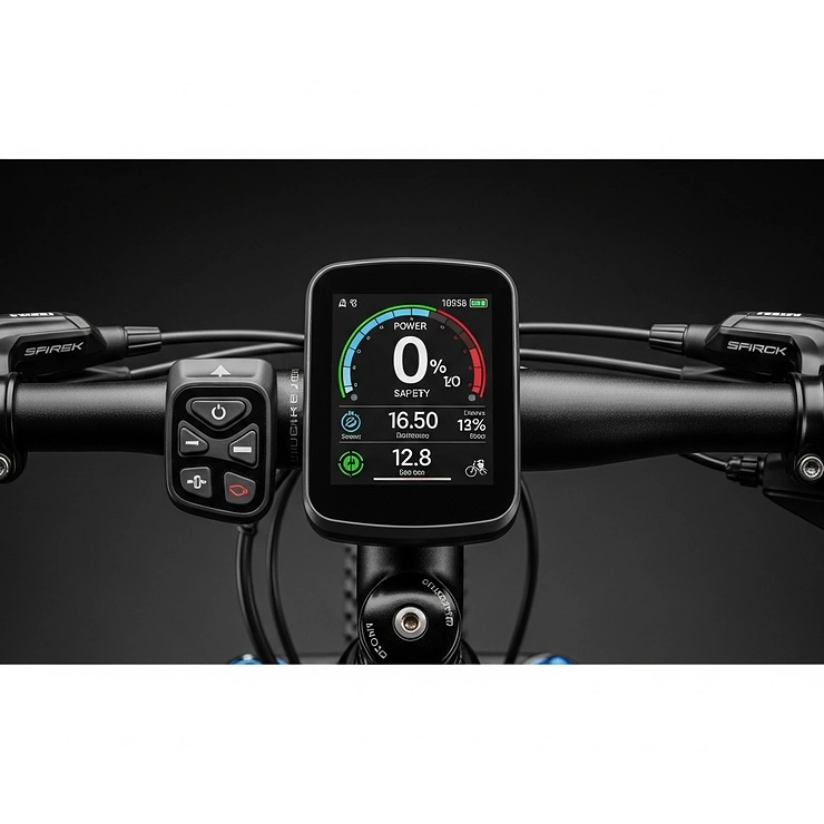 A clear illustration of an electric gravel bike's handlebar-mounted digital display and controller, showing power levels and ride data.