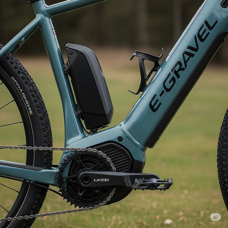 Close-up view of a sleek, integrated motor and battery system on an electric gravel bike frame, highlighting the advanced technology of modern e-gravel bikes.