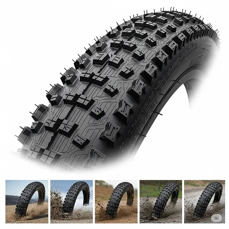 A detailed illustration of the aggressive yet fast-rolling tire tread designed specifically for electric gravel bikes, showing traction and performance on varied terrain.