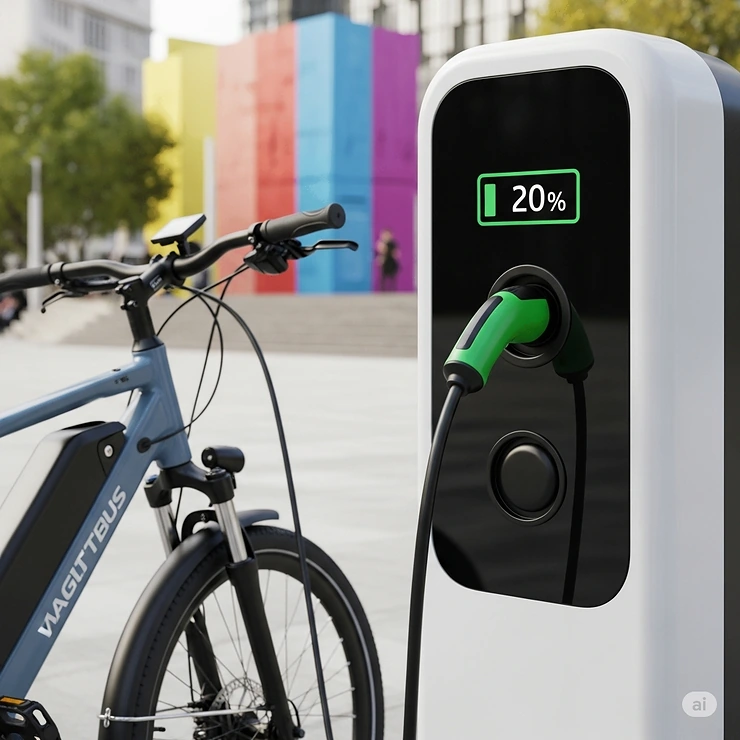 Electric bike conveniently plugged in and charging, highlighting the battery life and charging process for electric bikes for teens.