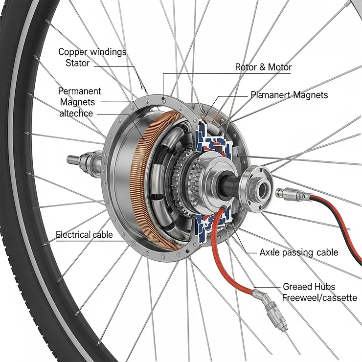 Detailed diagram illustrating a rear hub motor, a common type of electric bike engine, showing its compact design within the wheel.