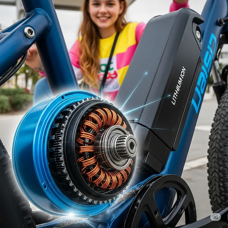 Detailed view of an electric bike's efficient motor and battery, illustrating the power source ideal for teens.