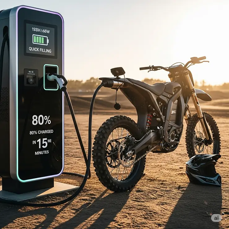 An electric dirt bike plugged into a charging station, demonstrating the convenience and quick recharge time for the fastest models.