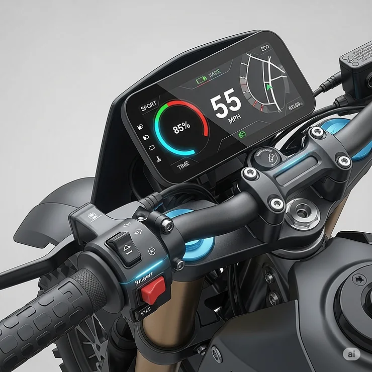 Illustration of the intuitive digital dashboard and ergonomic controls found on a modern, fast electric dirt bike, displaying speed and battery life.