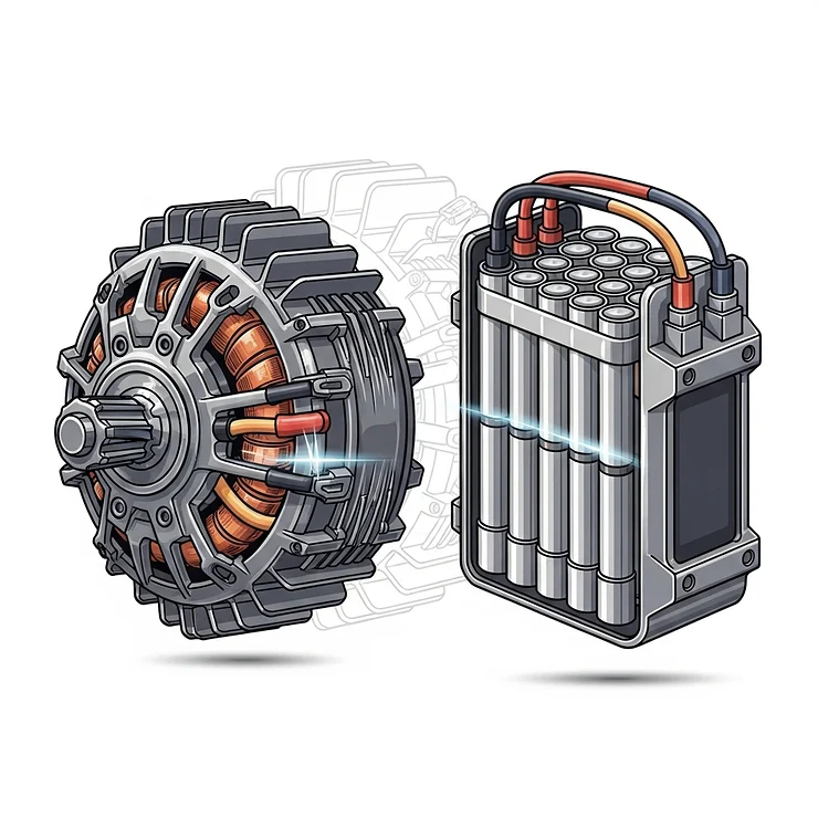 Close-up illustration of the high-performance electric motor and lightweight battery pack, key components contributing to the fastest electric dirt bike's power.