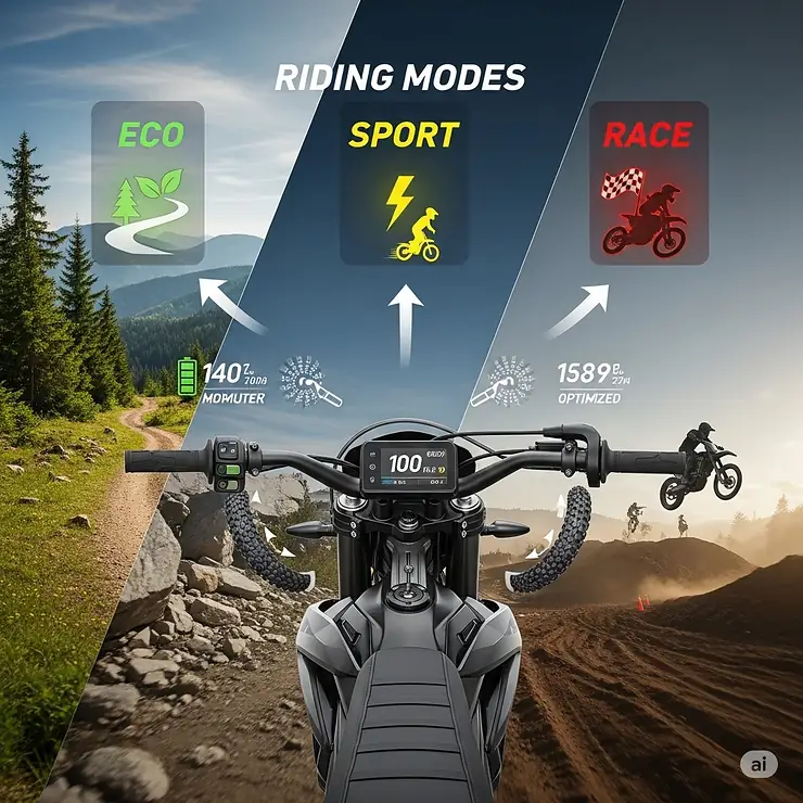Graphic depicting various riding modes (e.g., eco, sport, race) available on high-performance electric dirt bikes, optimizing for different terrains and speeds.