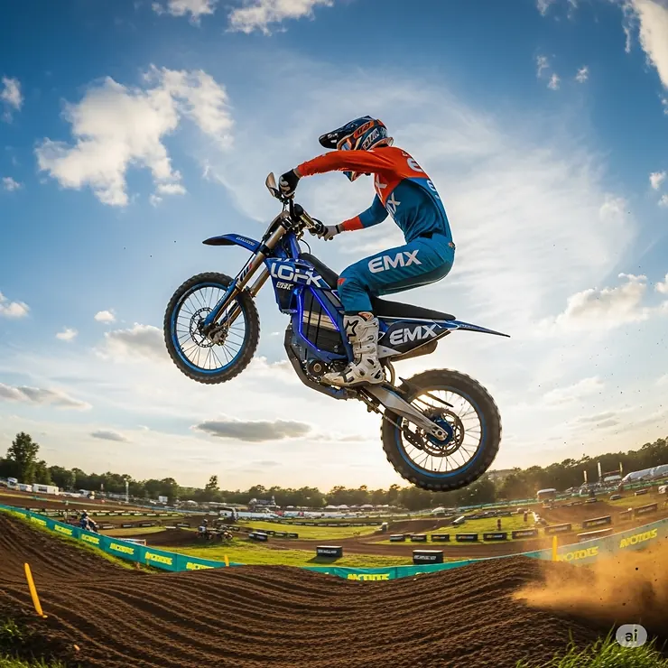 A rider on the fastest electric dirt bike performing an impressive jump, highlighting its agility and speed capabilities on a motocross track.