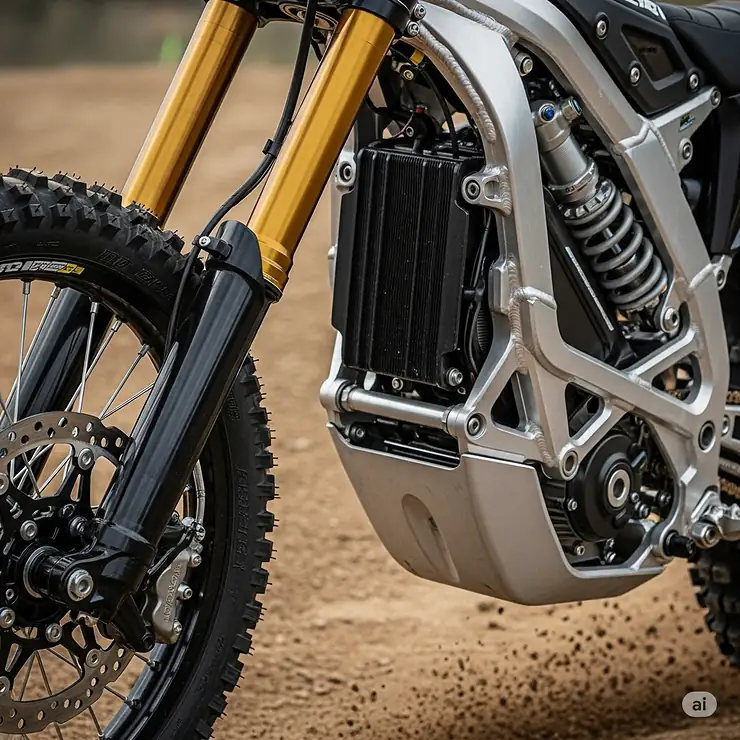 Detailed view of the robust suspension system and durable chassis designed for aggressive riding on the fastest electric dirt bike.