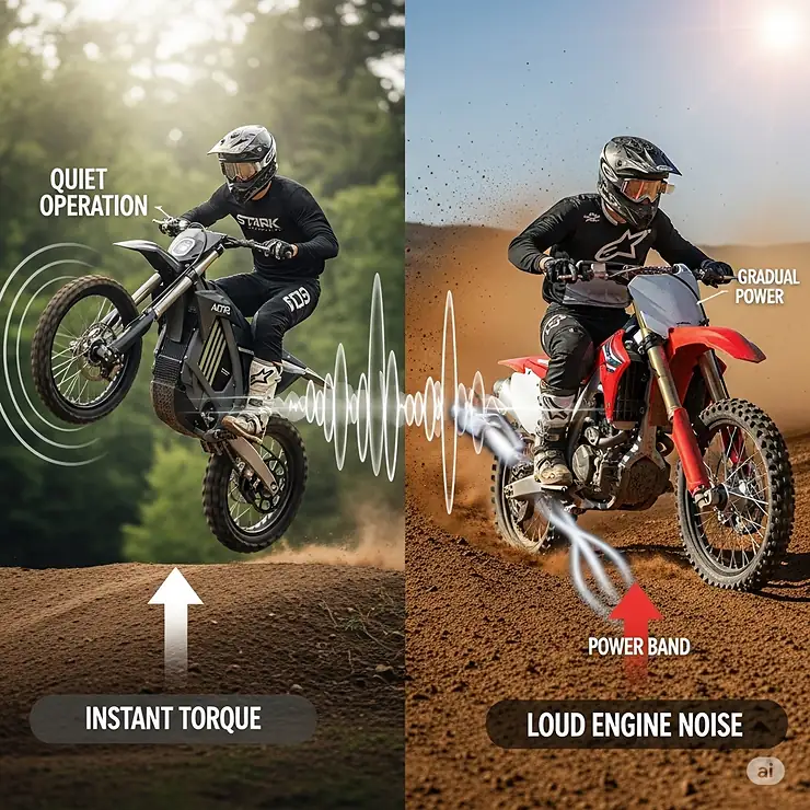 Visual comparison highlighting the quieter operation and instant torque advantages of the fastest electric dirt bikes over traditional gasoline models.