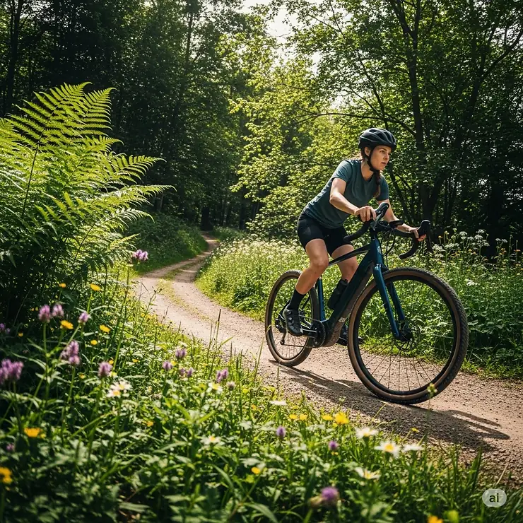 A rider on an electric gravel bike exploring a scenic, winding dirt path through a forest, showcasing the versatility and adventure potential of electric gravel bikes.