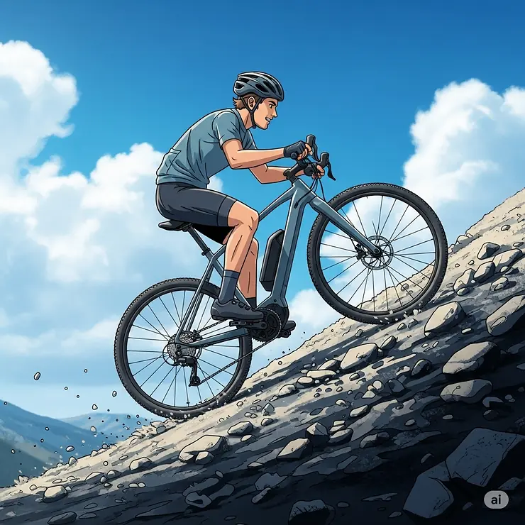 An illustration of a cyclist effortlessly ascending a steep gravel hill on an electric gravel bike, demonstrating the uphill assistance provided by electric gravel bikes.