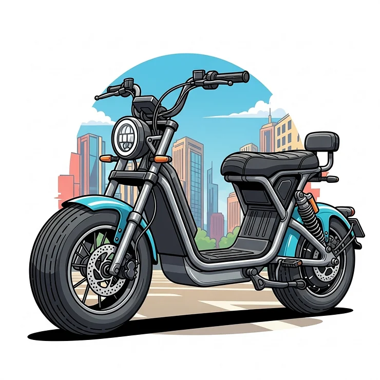 Illustration of an electric moped that boasts a more substantial frame and larger wheels, giving it the feel and presence of a small motorcycle.
