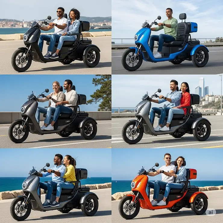 Various color options for an electric tricycle, demonstrating its stylish appeal for two adults.