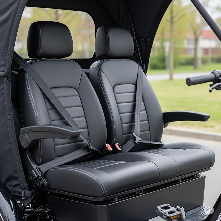 Close-up view of the ergonomic dual seating on an electric tricycle, perfect for two adults.