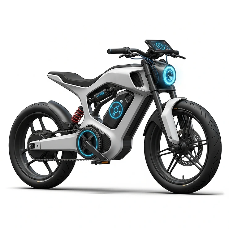 Conceptual illustration of a futuristic electric bike with advanced technology and aerodynamic bodywork, blurring the lines between bicycle and motorcycle design.