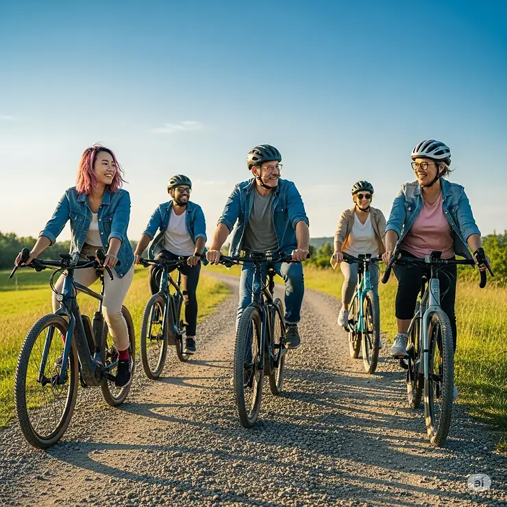 A diverse group of friends smiling and riding their electric gravel bikes together on a scenic gravel road, emphasizing the social and inclusive aspect of electric gravel biking.