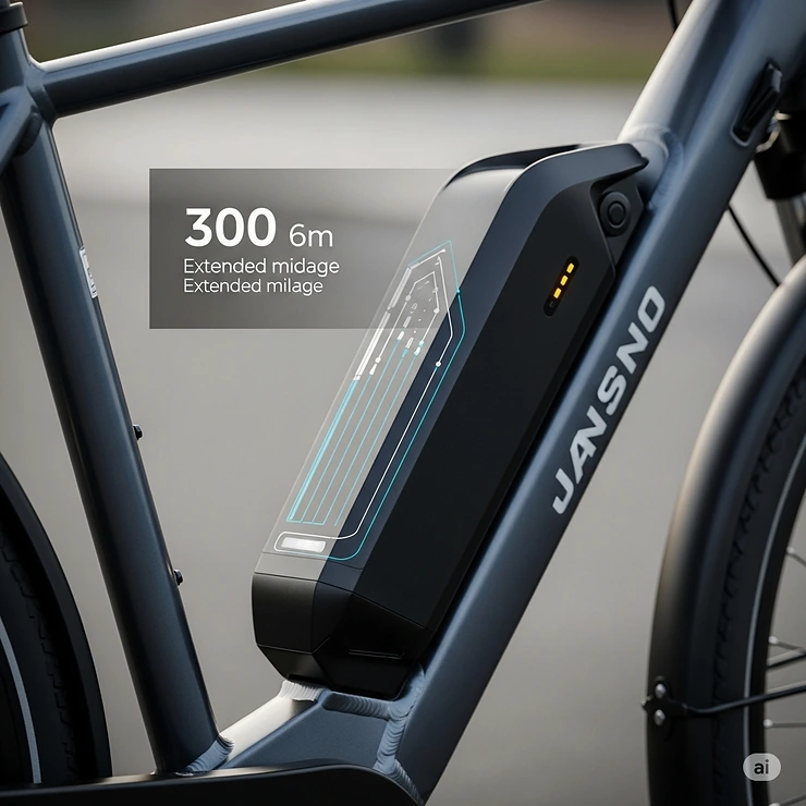 Long-lasting battery pack integrated into the Jansno ebike frame, offering extended range.