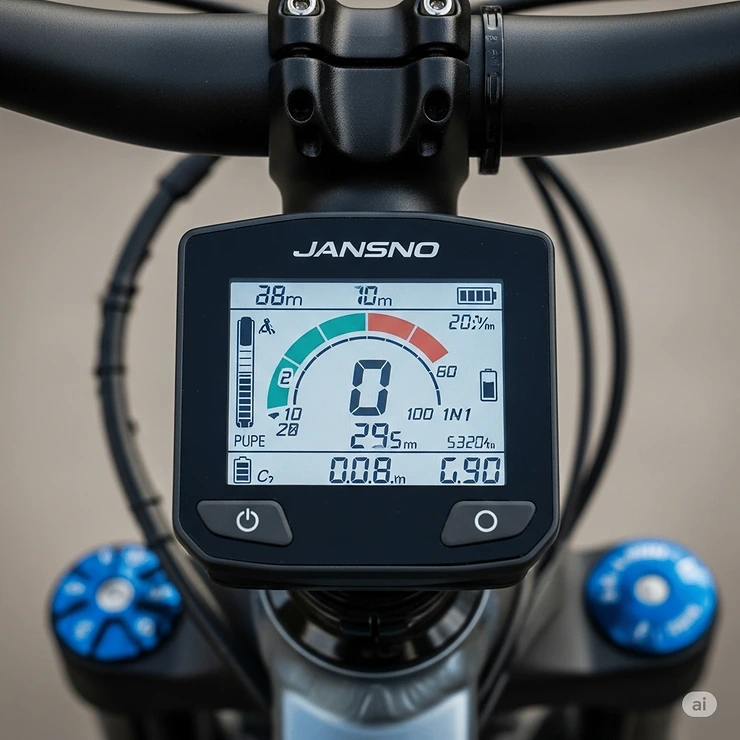 Clear digital display on the Jansno ebike handlebars, showing speed, battery life, and ride mode.
