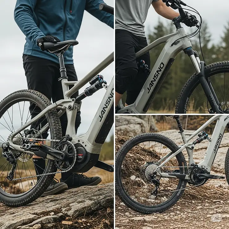 Front suspension system of the Jansno ebike, providing a comfortable and stable ride on various terrains.