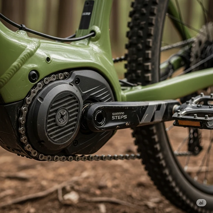 Visual representation of a mid-drive electric bike engine positioned at the pedals, highlighting its central placement for balanced power delivery.