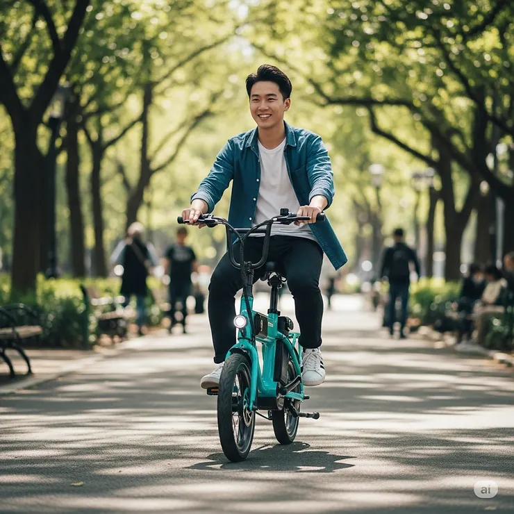 Person riding a mini electric bike through a city park, demonstrating its ease of maneuverability and suitability for urban environments.
