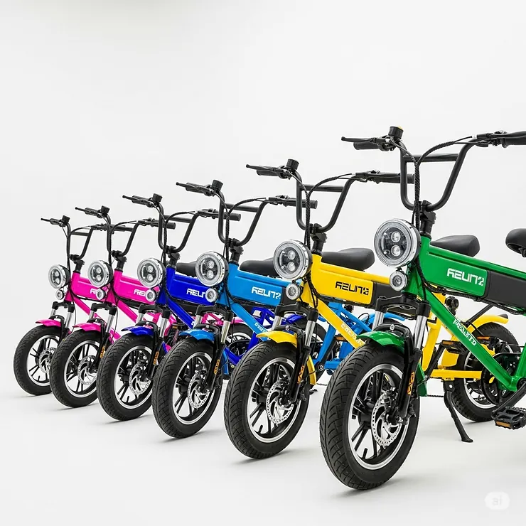 A lineup of mini electric bikes in various vibrant colors, showcasing the available aesthetic choices for personal style.