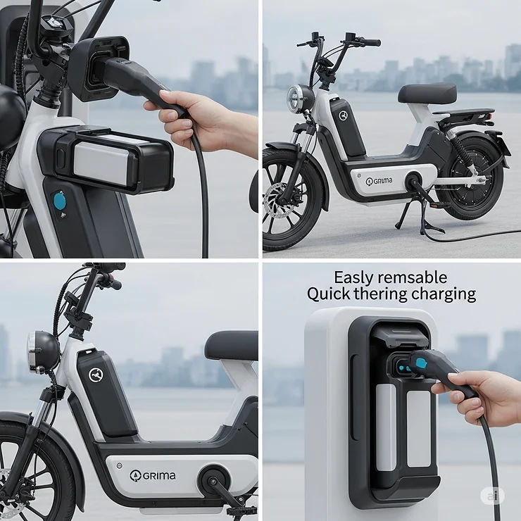 A moped-style electric bike being charged, with its easily removable battery pack visible, illustrating a convenient feature often found in the best moped style e-bike brands.