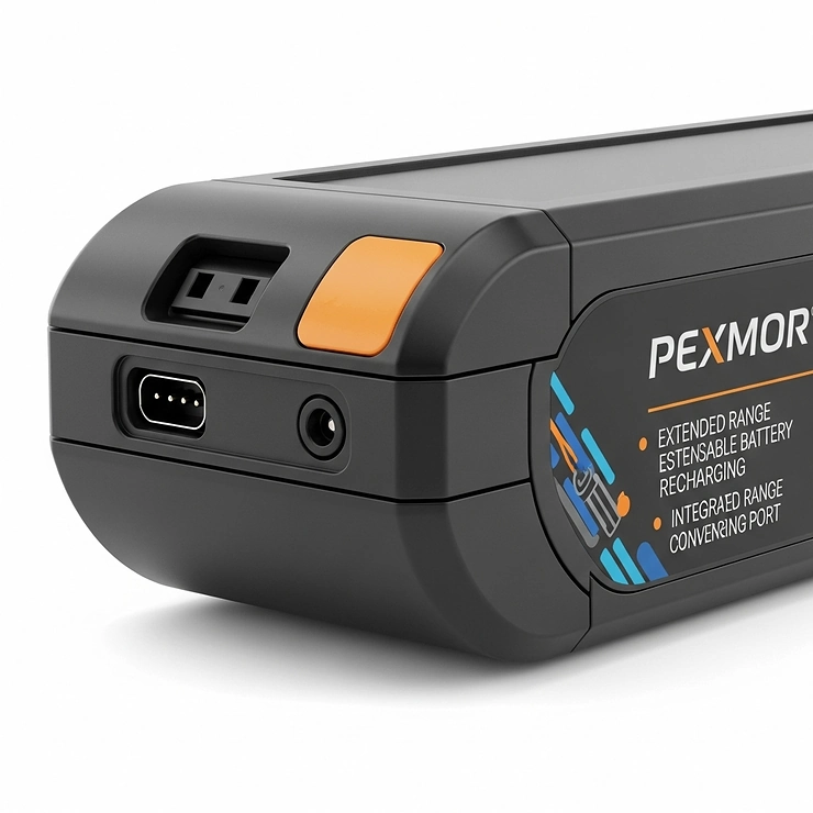 Close-up view of the removable battery on a Pexmor electric bike, illustrating its extended range and convenient charging capabilities.