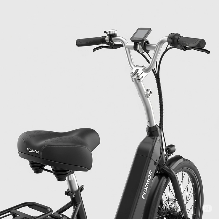 Detailed view of the ergonomic seat and adjustable handlebars of a Pexmor electric bike, demonstrating its design for comfortable riding posture.