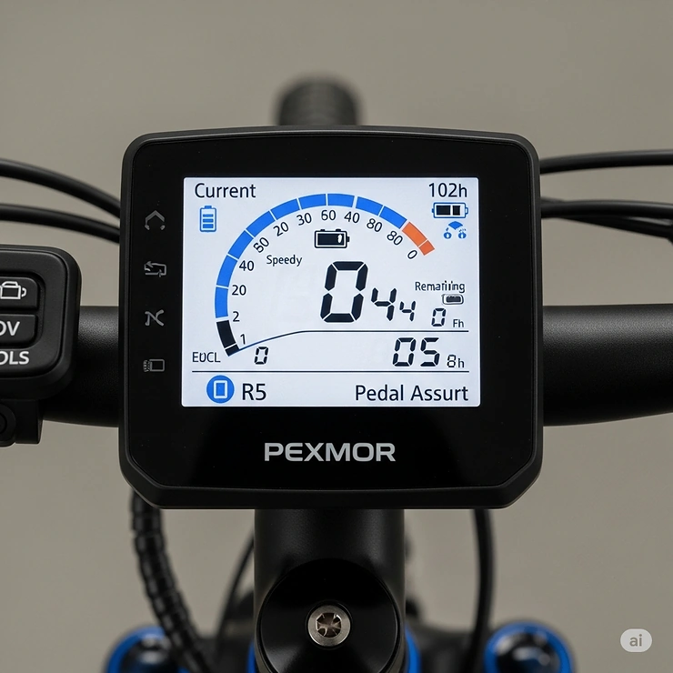Clear shot of the intuitive LCD display panel on a Pexmor electric bike's handlebars, showing speed, battery level, and pedal assist settings.