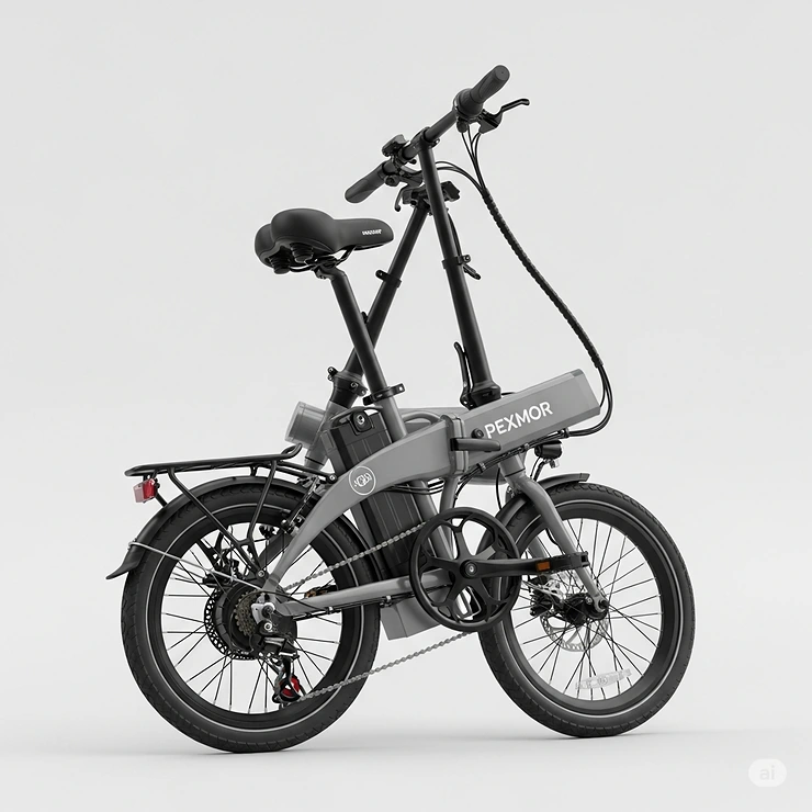 Image of a Pexmor electric bike in its compact, folded state, emphasizing its portable and space-saving design for easy storage and transport.