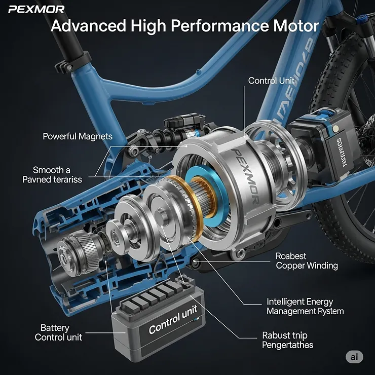 Diagram highlighting the high-performance motor of a Pexmor electric bike, showcasing its ability to provide strong assistance for various terrains.