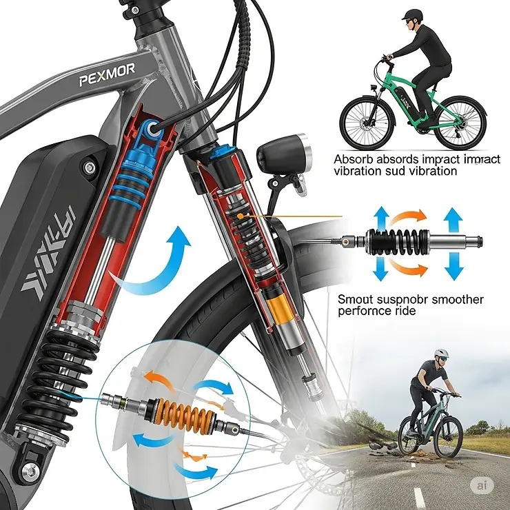 Illustration of the front suspension system on a Pexmor electric bike, indicating its role in providing a smooth and comfortable ride over bumps.