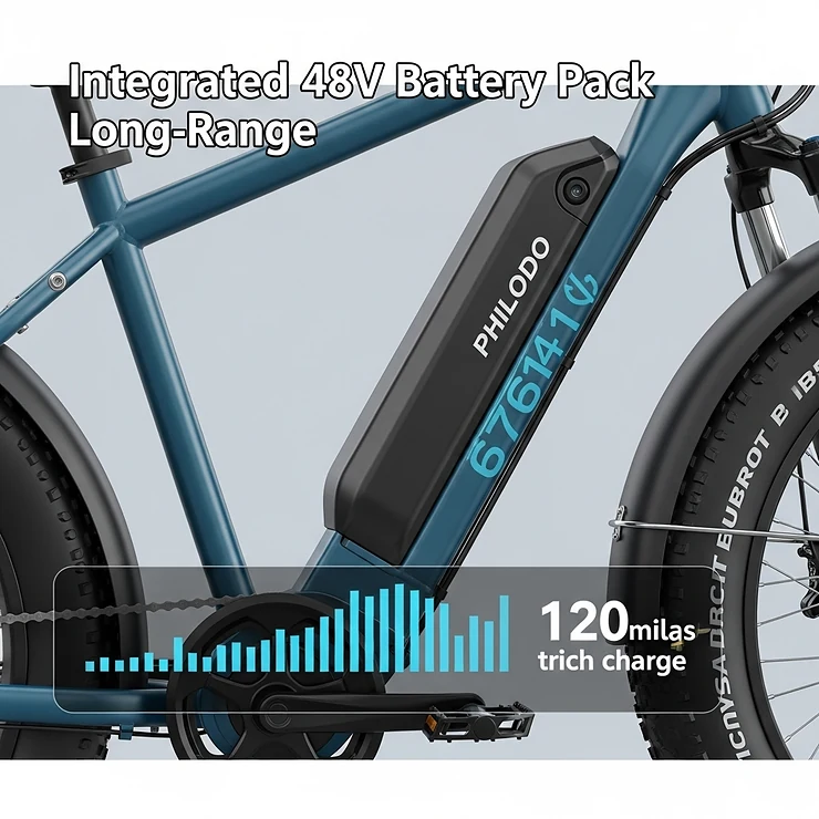 Image of the integrated 48V battery pack of the Philodo fat tire ebike, emphasizing its long-range capabilities.